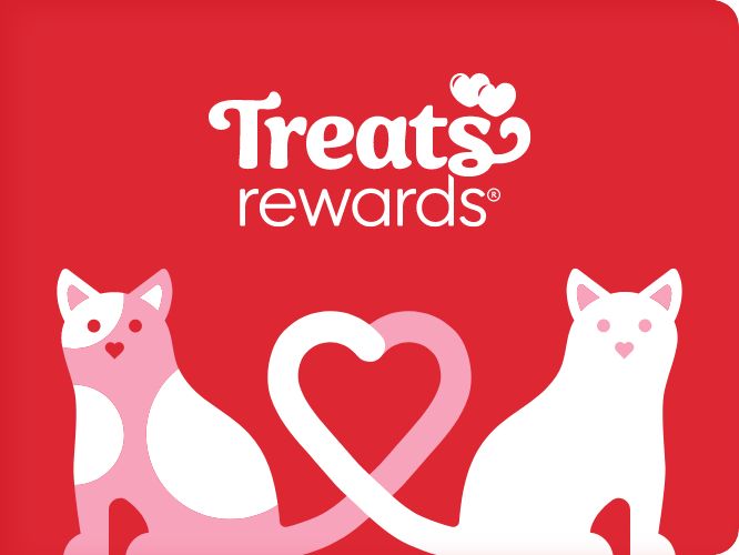 Treats Rewards logo and two cat graphics with their tails intertwined to form a heart shape