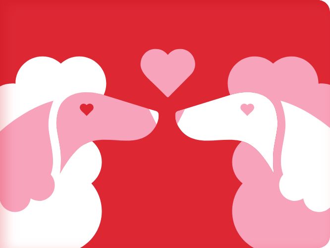 Two dog graphics with a pink heart graphic between them