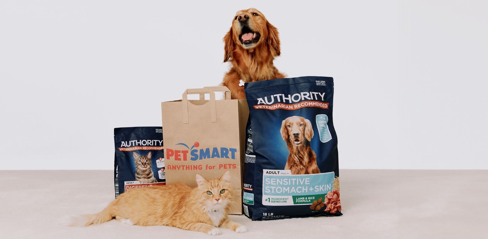 Dog and cat sitting next to bags of food and a PetSmart shopping bag