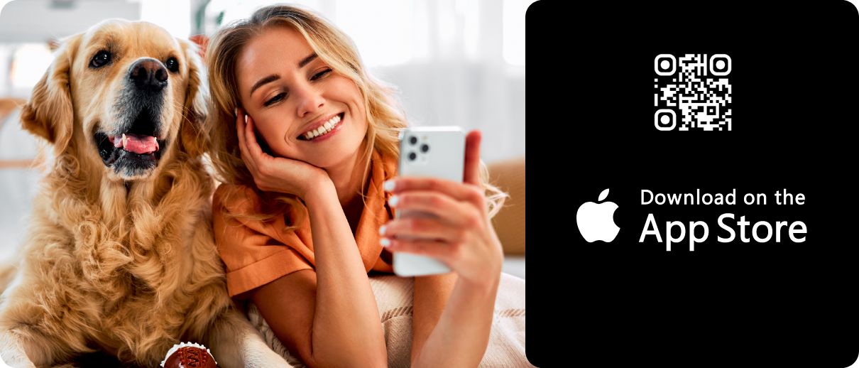 Woman sitting with her dog looking at her phone, a download on the App Store message and a QR code to scan