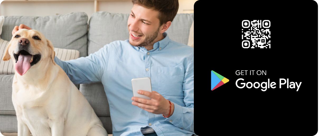 Woman sitting with her dog looking at her phone, a download on the App Store message and a QR code to scan
