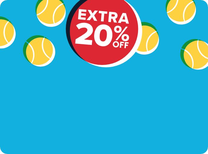 Extra 20% off message in a red circle and tennis ball graphics