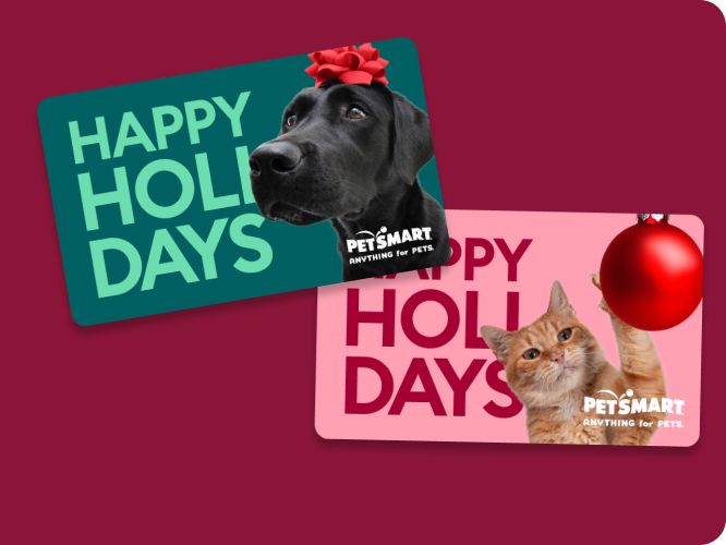Two PetSmart gift cards with a dog & cat and happy holidays text