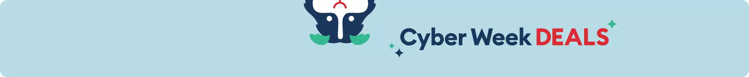 Pet illustration, cyber week deals text and blue & green sparkle graphics on a blue background