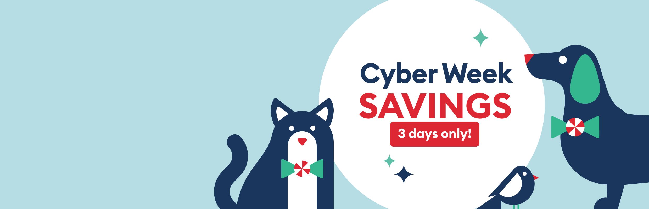 Illustration of a cat, bird & dog wearing festive bow ties and Cyber Week Deals text on a blue background