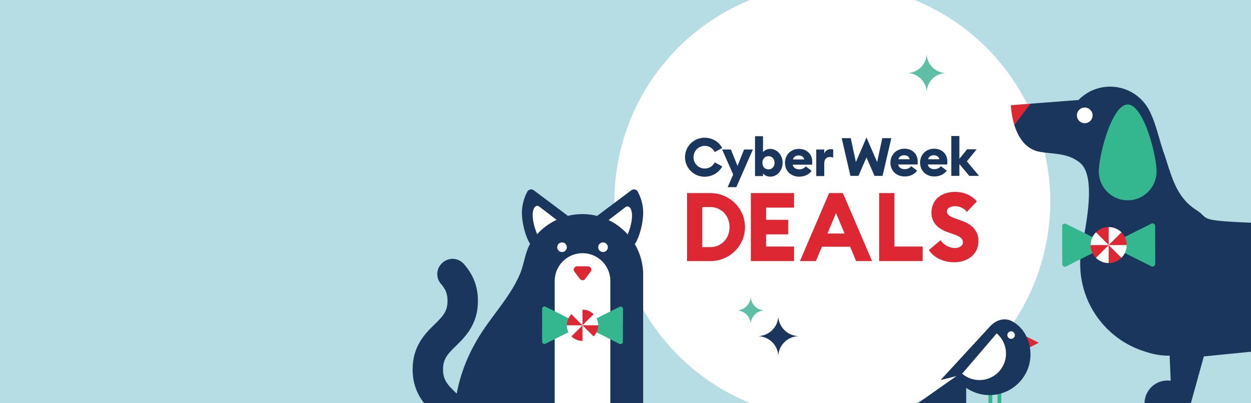 Illustration of a cat, bird & dog wearing festive bow ties and Cyber Week Deals text & last day text