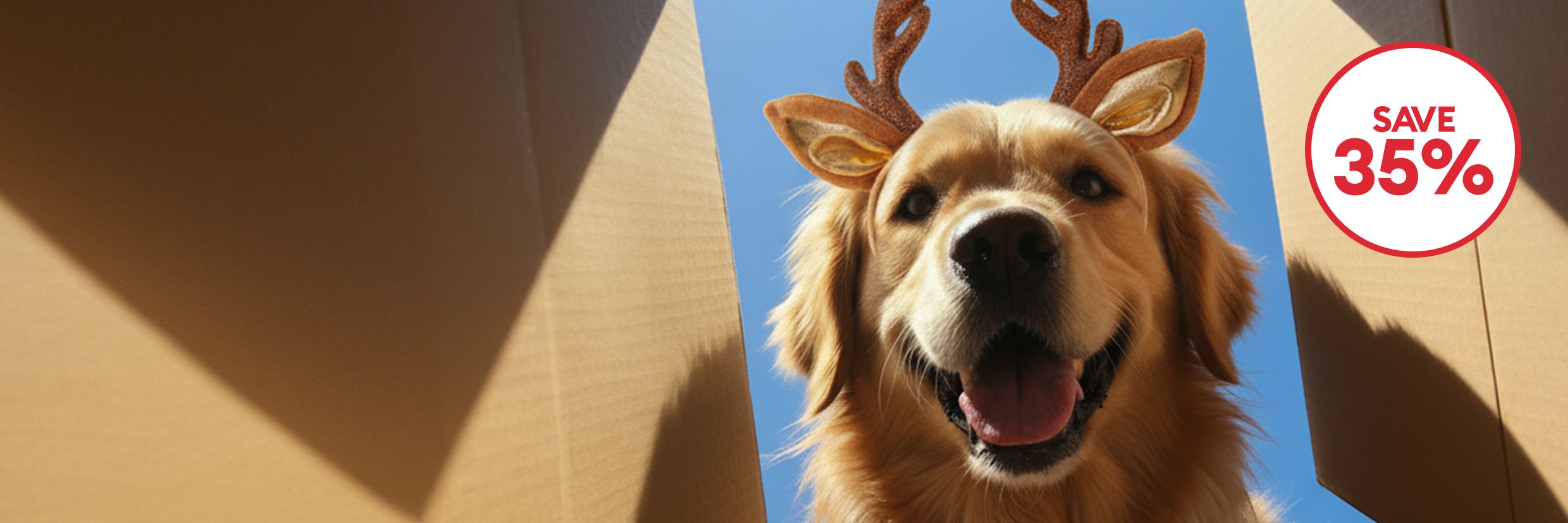 A Golden Retriever wearing reindeer antlers peeking into an open box and the text 'save 35%'