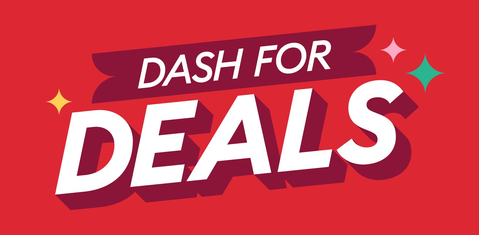 Dash for deals lockup and colorful sparkle grapics on a red background