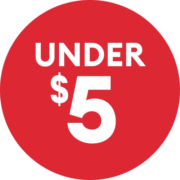 Under $5 text on a red circle