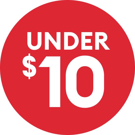 Under $10 text on a red circle