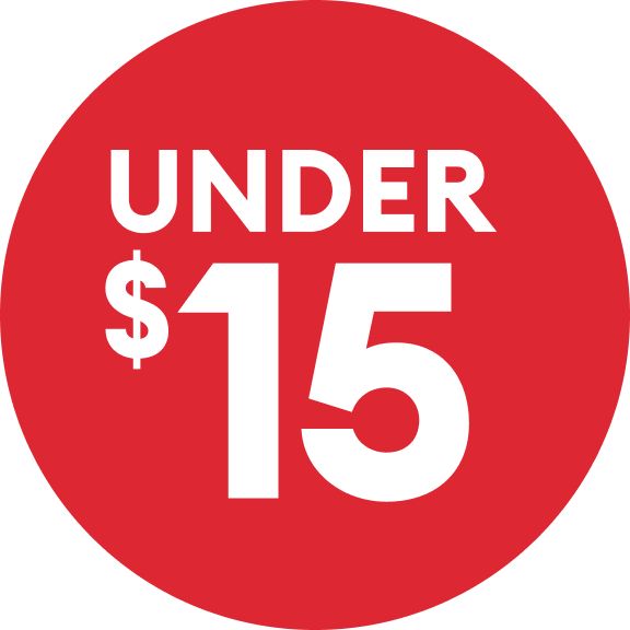 Under $15 text on a red circle