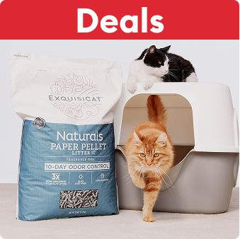 Deals text and a cat stepping out of a covered litter box beside a bag of cat litter