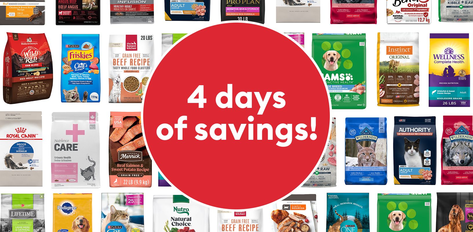 Various dog and cat dry food bags with a red circle containing "4 days of savings"