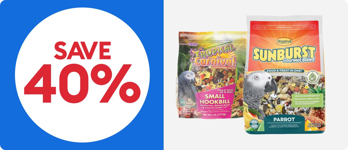 Small hookbill & parrot food and a save 40% callout