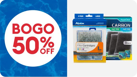 Aqueon filter cartridge, AquaClear carbon insert & a BOGO 50% off callout