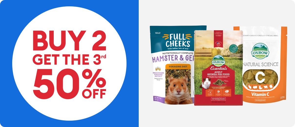 Three packages of small pet food & treats and a buy 2, get the 3rd 50% off callout