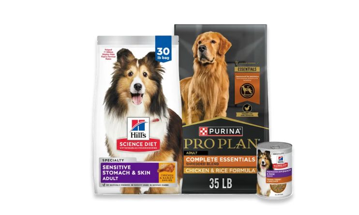 Bags of Hill's Science Diet and Purina Pro Plan dog food and a can of  Hill's Science Diet dog food