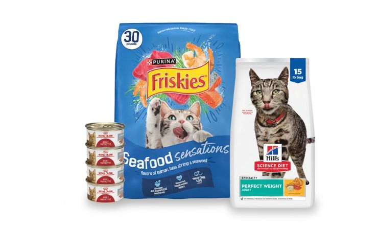 Four cans of cat food, and a bag of Friskies & Hill's Science Diet cat food
