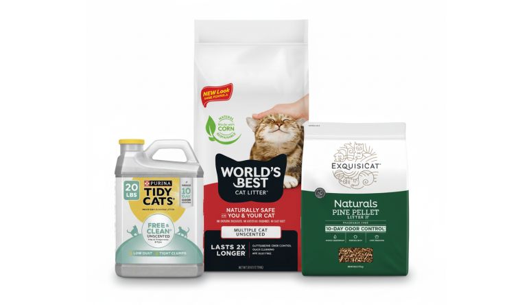 Purina Tidy Cats litter pail, World's Best Cat Litter bag and EquisiCat litter bag