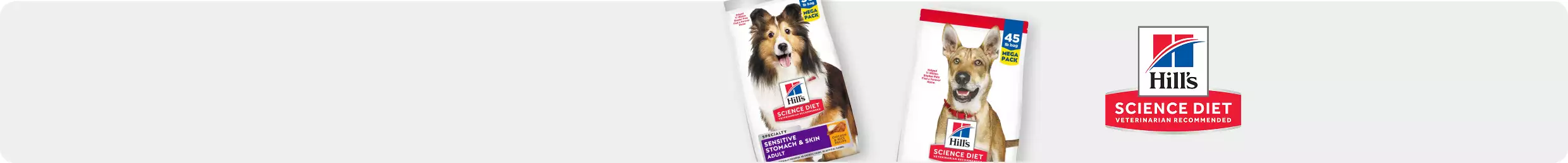 Two bags of Hill's Science Diet dog food and the Hill's Science Diet logo
