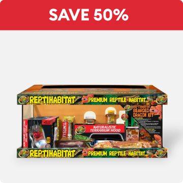 Save 50% callout and a Zoo Med terrarium
