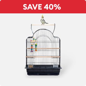 Save 40% callout and a bird on top of a  cage