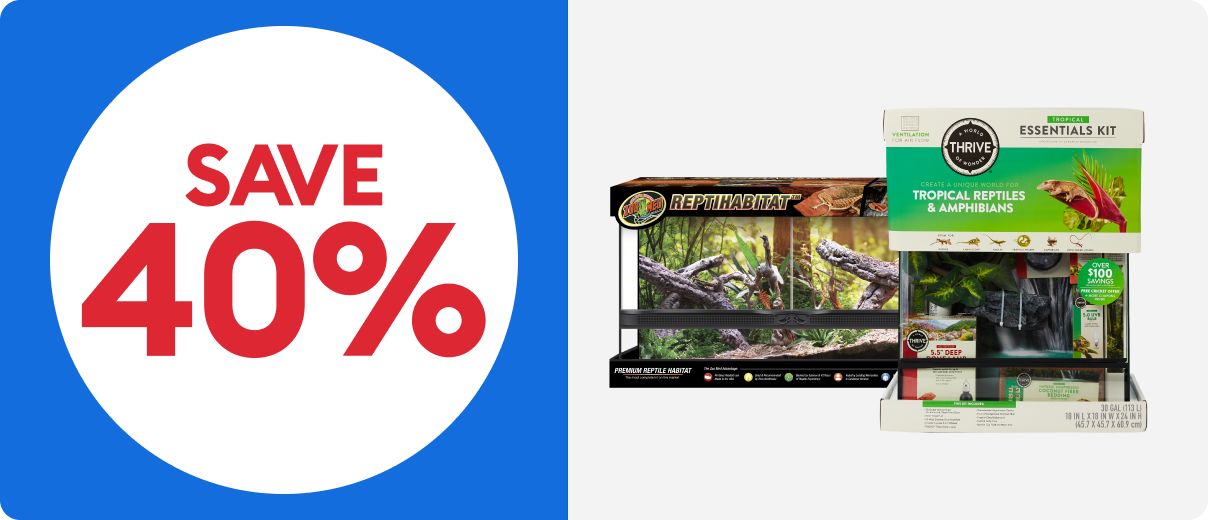 Zoo Med habitat, Thrive essentials kit and a save 40% callout