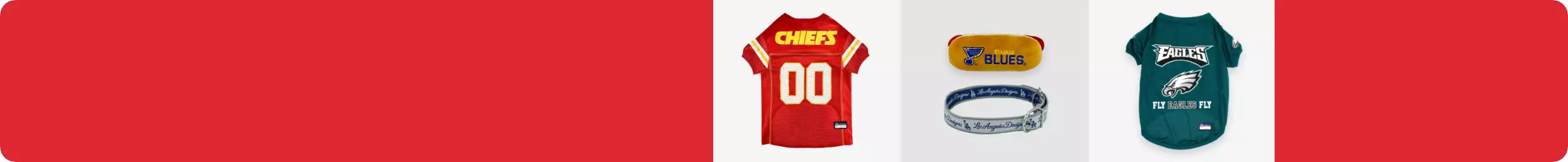 Red Chiefs jersey, dog toy, collar & green Eagles jersey