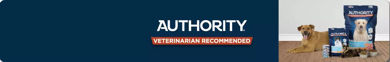 A dog next to a variety of Authority dog & cat food, on a dark navy banner with the Authority logo & "Veterinarian recommended"