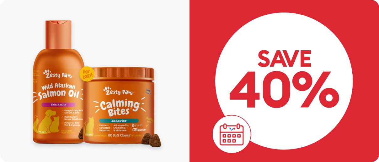 Save 40% callout, Autoship icon, Zesty Paws salmon oil & calming bites