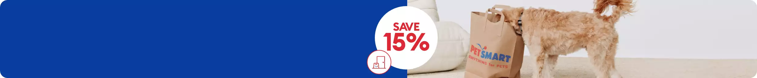 Save 15% callout, Free Same-Day Delivery icon & a dog with their head inside a PetSmart shopping bag