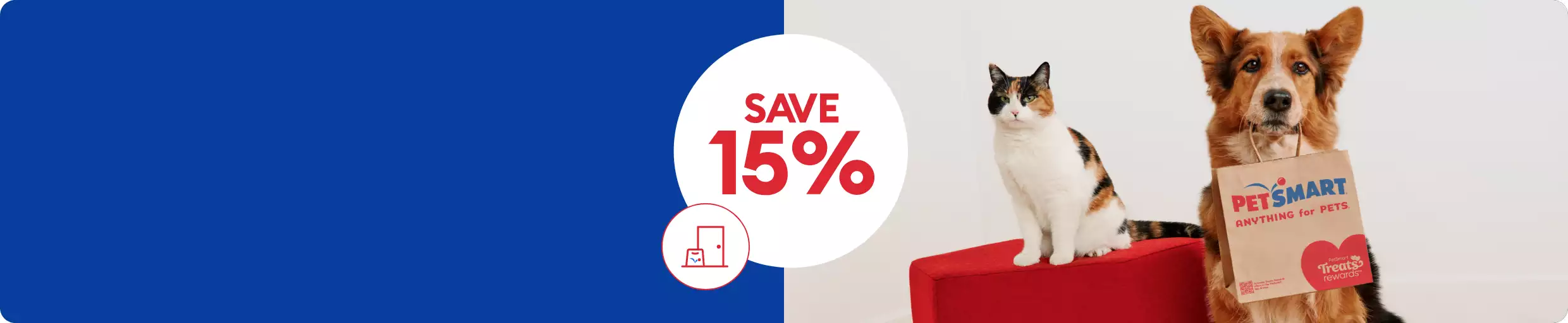 Save 15% callout, Free Same-Day Delivery icon & a cat sitting next to a dog with a PetSmart shopping bag in their mouth 
