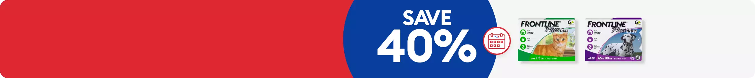 SAVE 40% on first Autoship order of Frontline flea & tick products for dogs & cats, see terms. "Save 40%" callout & Autoship logo.