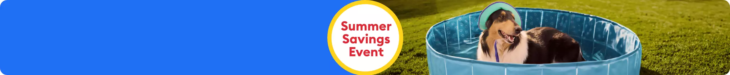 Summer Savings Event callout & a dog laying in a pool