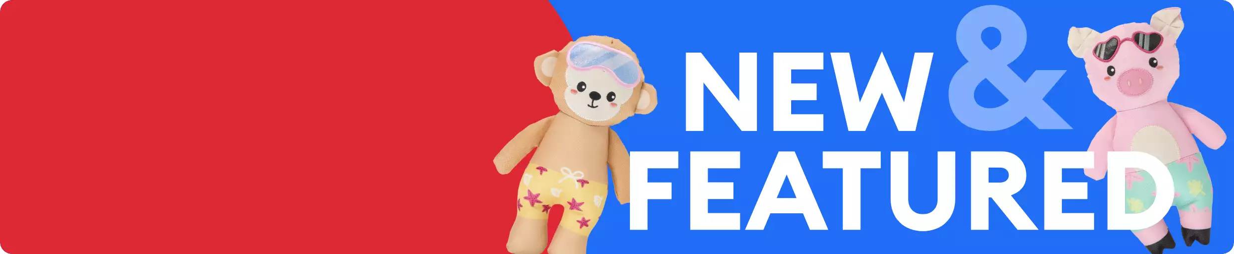 Summer-themed, waterproof monkey & pig toys with "NEW & FEATURED" callout