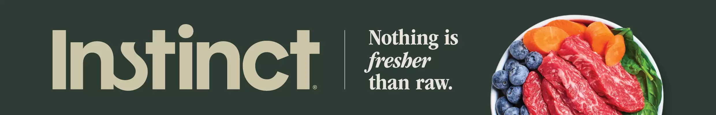 Instinct Nothing is fresher than raw tagline with plate of meat fruits & vegetables