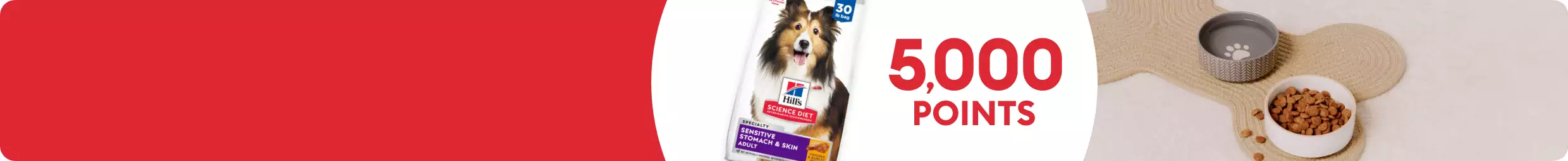 5,000 points callout with dog food bowls & bags of dog food