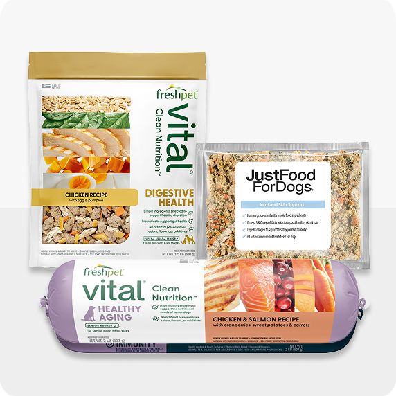 Three packages of fresh & frozen dog food including Fresh Pet and Just Food for Dogs