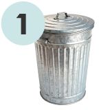 Metal garbage can & the number one in a blue circle