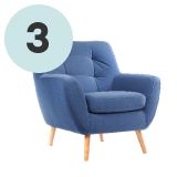 Blue cushioned chair & the number three in a blue circle
