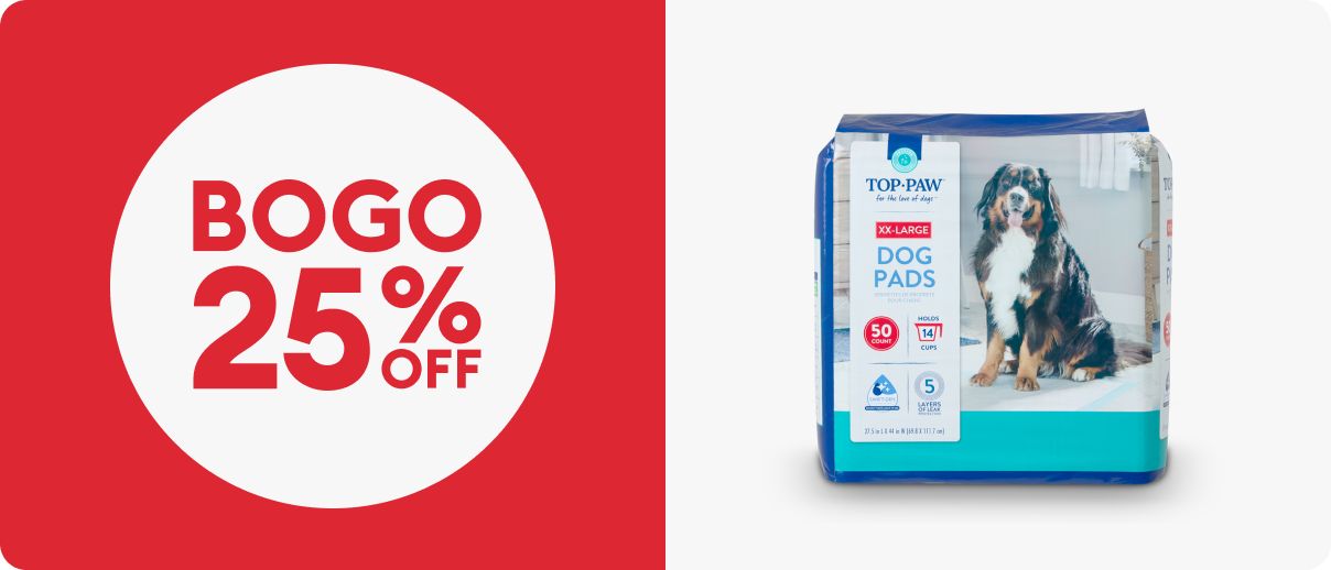 BOGO 25% OFF text and a package of Top Paw disposable dog pads