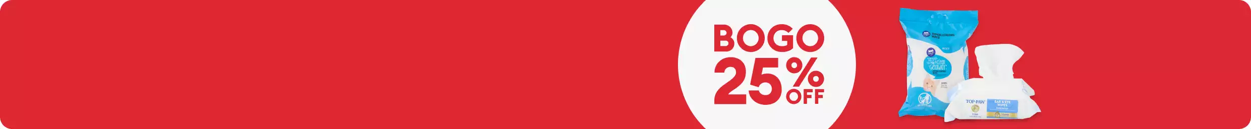 BOGO 25% OFF text and two packages of pet wipes