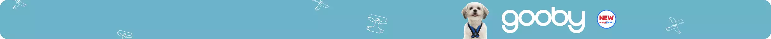 New at PetSmart text, Gooby logo and a dog wearing a harness