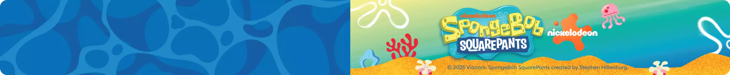SpongeBob SquarePants Nickelodeon web banner with underwater background, coral shapes & jellyfish graphics