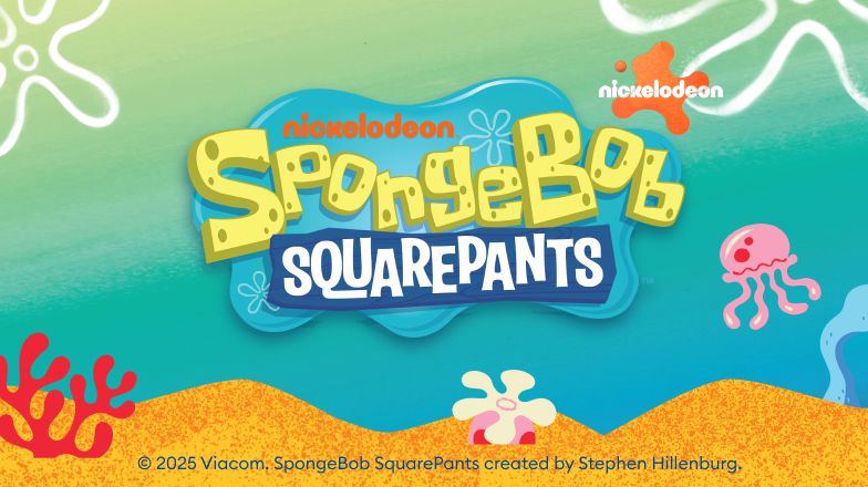SpongeBob SquarePants Nickelodeon web banner with underwater background, coral shapes & jellyfish graphics