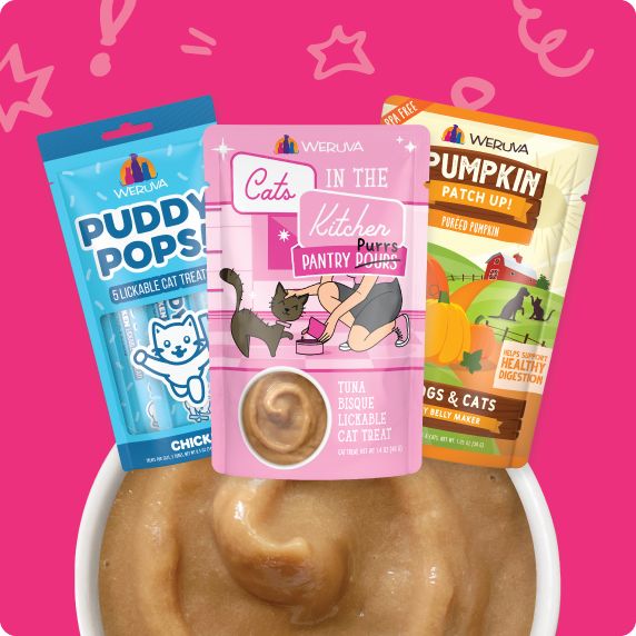 Image of Puddy Pops cat treats, Cats In The Kitchen Pantry and Pumpkin wet food toppers 