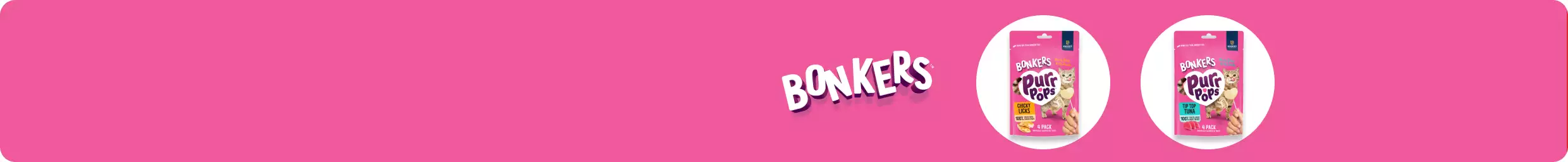 Bonkers logo and two packages of cat treats on a pink background