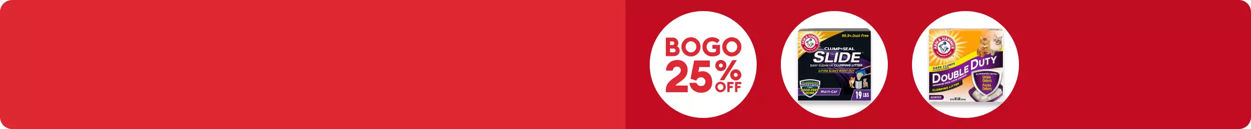 BOGO 25% off" text featuring two packages of Arm & Hammer cat litter