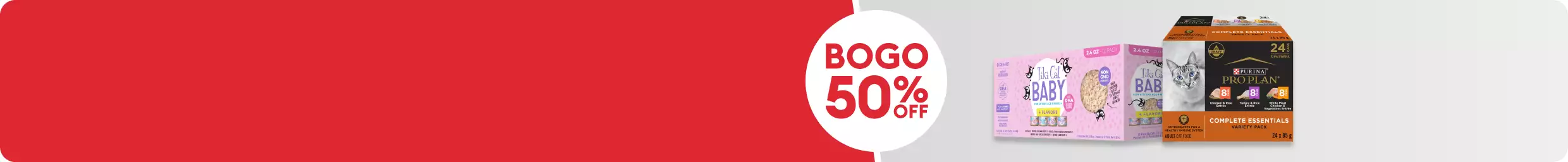 BOGO 50% OFF text, two variety packs of cat food