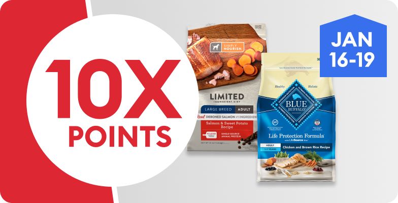 10X points text, two bags of dog food, January 16-19